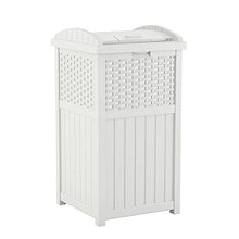 Load image into Gallery viewer, Suncast 33 Gallon Hideaway Trash Can for Patio - Resin Outdoor Trash with Lid - Use in Backyard, Deck, or Patio - White, Model:GHW1732WH