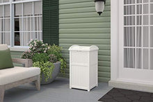 Load image into Gallery viewer, Suncast 33 Gallon Hideaway Trash Can for Patio - Resin Outdoor Trash with Lid - Use in Backyard, Deck, or Patio - White, Model:GHW1732WH