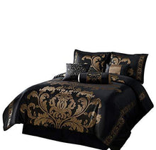 Load image into Gallery viewer, Chezmoi Collection 7-Piece Jacquard Floral Comforter Set Bed-in-a-Bag Set, Queen, Black Gold