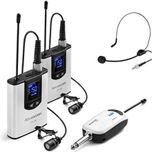 Load image into Gallery viewer, Wireless Headset Lavalier Microphone System -Alvoxcon Dual Wireless Lapel Mic Compatible with iPhone, DSLR Camera, PA Speaker, YouTube, Podcast, Video Recording, Conference, Vlog, Church, Interview