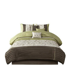 Load image into Gallery viewer, Madison Park Serene Faux Silk Comforter Floral Embroidery Design All Season Set, Matching Bed Skirt, Decorative Pillows, Queen(90"x90"), Green 7 Piece