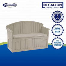 Load image into Gallery viewer, Suncast 50 Gallon Patio Bench with Storage - Decorative Resin Outdoor Patio Bench for Deck, Patio, Garden, Backyard - Ideal for Storing Toys, Cushions, Tools - Taupe ()