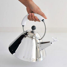 Load image into Gallery viewer, Alessi Kettle in 18/10 Stainless Steel Mirror Polished with Handle and Small Bird-Shaped Whistle in Pa, White