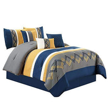 Load image into Gallery viewer, Chezmoi Collection Arden 7 Pieces Modern Pleated Stripe Embroidered Zigzag Bedding Comforter Set (Full, Navy/Gray/Yellow/Off-White)