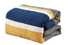 Load image into Gallery viewer, Chezmoi Collection Arden 7 Pieces Modern Pleated Stripe Embroidered Zigzag Bedding Comforter Set (Full, Navy/Gray/Yellow/Off-White)