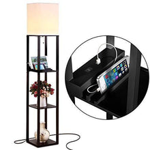 Load image into Gallery viewer, Brightech Maxwell Charger - Shelf Floor Lamp with USB Charging Ports and Electric Outlet - Tall, Narrow Tower Nightstand for Bedroom - Modern, Asian End Table with Light Attached - Black