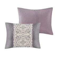 Load image into Gallery viewer, Madison Park Essentials Jelena Room in A Bag Faux Silk Comforter Classic Luxe All Season Down Alternative Bedding, Matching Bedskirt, Curtains, Decorative Pillows, Queen(90"x90"), Purple
