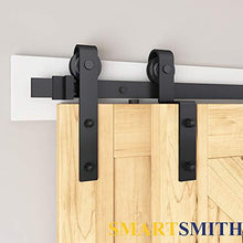 Load image into Gallery viewer, SMARTSMITH 8ft Bypass Barn Door Hardware Kit, Upgraded Bypass Sliding Door Hardware Track for Double Wooden Doors, J Shape Hanger Sliding Door Hardware Kit, Easy Install
