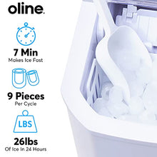 Load image into Gallery viewer, Oline Ice Maker Machine, Automatic Self-Cleaning Portable Electric Countertop Ice Maker, 26 Pounds in 24 Hours, 9 Ice Cubes Ready in 7 Minutes, with Ice Scoop & Basket (White)