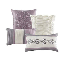 Load image into Gallery viewer, Madison Park Essentials Jelena Room in A Bag Faux Silk Comforter Classic Luxe All Season Down Alternative Bedding, Matching Bedskirt, Curtains, Decorative Pillows, Queen(90"x90"), Purple