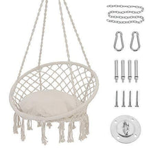 Load image into Gallery viewer, Patio Watcher Hammock Chair Macrame Swing with Cushion and Hanging Hardware Kits, Handmade Knitted Mesh Rope Swing Chair for Indoor, Outdoor, Home, Bedroom, Patio, Yard,Deck, Garden