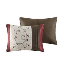 Load image into Gallery viewer, Madison Park Serene Faux Silk Comforter Floral Embroidery Design All Season Set, Matching Bed Skirt, Decorative Pillows, King(104"x92"), Red, 7 Piece