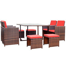 Load image into Gallery viewer, Devoko 9 Pieces Patio Dining Sets Outdoor Space Saving Rattan Chairs with Glass Table Patio Furniture Sets Cushioned Seating and Back Sectional Conversation Set (Red)