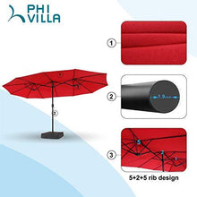 Load image into Gallery viewer, PHI VILLA 15ft Patio Umbrella Double-Sided Outdoor Market Extra Large Umbrella with Crank, Umbrella Base Included (Red)