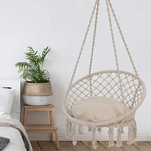 Load image into Gallery viewer, Patio Watcher Hammock Chair Macrame Swing with Cushion and Hanging Hardware Kits, Handmade Knitted Mesh Rope Swing Chair for Indoor, Outdoor, Home, Bedroom, Patio, Yard,Deck, Garden