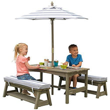 Load image into Gallery viewer, KidKraft Outdoor Table & Bench Set with Cushions and Umbrella Gray & White Stripes