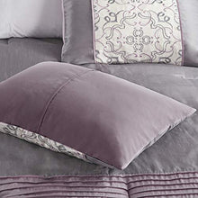 Load image into Gallery viewer, Madison Park Essentials Jelena Room in A Bag Faux Silk Comforter Classic Luxe All Season Down Alternative Bedding, Matching Bedskirt, Curtains, Decorative Pillows, Queen(90"x90"), Purple