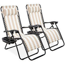 Load image into Gallery viewer, Best Choice Products Set of 2 Adjustable Steel Mesh Zero Gravity Lounge Chair Recliners w/Pillows and Cup Holder Trays, Tan Striped