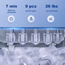 Load image into Gallery viewer, FOOING Ice Maker Countertop, Self-Cleaning Function, 26lbs 24Hrs, 9 Cubes Ready in 7mins with LED Display for Parties Mixed, Portable Ice Cube Maker with Ice Scoop and Basket (Silver)