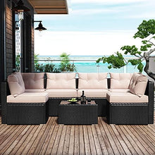 Load image into Gallery viewer, Amolife 7 Pieces Patio PE Rattan Sofa Chair Set Outdoor Sectional Furniture Black Wicker Conversation Set with Tan Cushions Covers and Tea Table