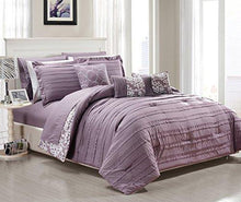 Load image into Gallery viewer, Chic Home CS2426 10 Piece Lea Complete Pleated Ruffles and Reversible Printed Queen Bed in a Bag Comforter Set Plum Sheets Included
