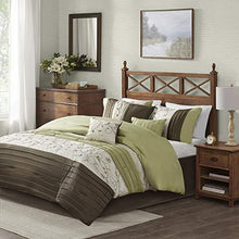 Load image into Gallery viewer, Madison Park Serene Faux Silk Comforter Floral Embroidery Design All Season Set, Matching Bed Skirt, Decorative Pillows, Queen(90"x90"), Green 7 Piece
