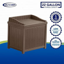 Load image into Gallery viewer, Suncast 22-Gallon Small Deck Box - Lightweight Resin Indoor/Outdoor Storage Container and Seat for Patio Cushions, Gardening Tools and Toys - Store Items on Patio, Garage, Yard - Mocha Wicker