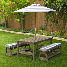 Load image into Gallery viewer, KidKraft Outdoor Table & Bench Set with Cushions and Umbrella Gray & White Stripes