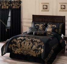 Load image into Gallery viewer, Chezmoi Collection 7-Piece Jacquard Floral Comforter Set Bed-in-a-Bag Set, Queen, Black Gold