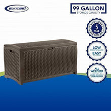 Load image into Gallery viewer, Suncast 99 Gallon Resin Wicker Patio Outdoor Storage Container for Toys, Furniture Deck box, Mocha