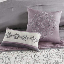 Load image into Gallery viewer, Madison Park Essentials Jelena Room in A Bag Faux Silk Comforter Classic Luxe All Season Down Alternative Bedding, Matching Bedskirt, Curtains, Decorative Pillows, Queen(90"x90"), Purple