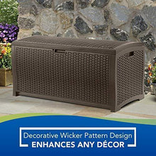 Load image into Gallery viewer, Suncast 99 Gallon Resin Wicker Patio Outdoor Storage Container for Toys, Furniture Deck box, Mocha