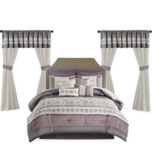 Load image into Gallery viewer, Madison Park Essentials Jelena Room in A Bag Faux Silk Comforter Classic Luxe All Season Down Alternative Bedding, Matching Bedskirt, Curtains, Decorative Pillows, Queen(90"x90"), Purple