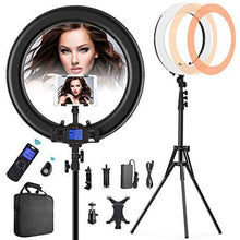Load image into Gallery viewer, Ring Light with Wireless Remote and iPad Holder, Pixel 19" Bi-Color LCD Display Ring Light with Stand and Selfie Remote, 55W 3000-5800K CRI≥97 Light Ring for Live Stream Self-Portrait Video Shooting