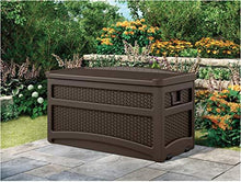 Load image into Gallery viewer, Suncast 73 Gallon Resin Wicker Patio Storage Box with Wheels and Seat, Mocha