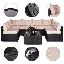 Load image into Gallery viewer, Amolife 7 Pieces Patio PE Rattan Sofa Chair Set Outdoor Sectional Furniture Black Wicker Conversation Set with Tan Cushions Covers and Tea Table