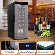 Load image into Gallery viewer, Nutrichef PKCWC120 Refrigerator-White & Red Chiller Countertop Cooler-Freestanding Compact Mini Wine Fridge 12 Bottle Capacity, Digital Control, Glass Door