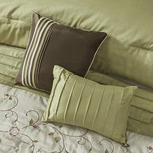 Load image into Gallery viewer, Madison Park Serene Faux Silk Comforter Floral Embroidery Design All Season Set, Matching Bed Skirt, Decorative Pillows, Queen(90"x90"), Green 7 Piece