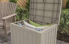 Load image into Gallery viewer, Suncast 22-Gallon Small Deck Box - Lightweight Resin Indoor/Outdoor Storage Container and Seat for Patio Cushions and Gardening Tools - Store Items on Patio, Garage, Yard - Light Taupe