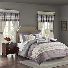 Load image into Gallery viewer, Madison Park Essentials Jelena Room in A Bag Faux Silk Comforter Classic Luxe All Season Down Alternative Bedding, Matching Bedskirt, Curtains, Decorative Pillows, Queen(90"x90"), Purple