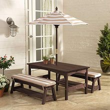 Load image into Gallery viewer, KidKraft Outdoor Table and Bench Set with Cushions and Umbrella, Kids Backyard Furniture, Espresso with Oatmeal and White Striped Fabric ,Gift for Ages 3-8
