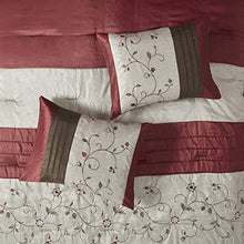 Load image into Gallery viewer, Madison Park Serene Faux Silk Comforter Floral Embroidery Design All Season Set, Matching Bed Skirt, Decorative Pillows, King(104"x92"), Red, 7 Piece