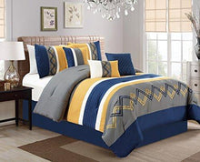 Load image into Gallery viewer, Chezmoi Collection Arden 7 Pieces Modern Pleated Stripe Embroidered Zigzag Bedding Comforter Set (Full, Navy/Gray/Yellow/Off-White)
