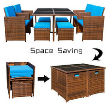 Load image into Gallery viewer, Devoko 9 Pieces Patio Dining Sets Outdoor Space Saving Rattan Chairs with Glass Table Patio Furniture Sets Cushioned Seating and Back Sectional Conversation Set (Blue)