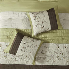 Load image into Gallery viewer, Madison Park Serene Faux Silk Comforter Floral Embroidery Design All Season Set, Matching Bed Skirt, Decorative Pillows, Queen(90"x90"), Green 7 Piece