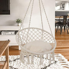 Load image into Gallery viewer, Patio Watcher Hammock Chair Macrame Swing with Cushion and Hanging Hardware Kits, Handmade Knitted Mesh Rope Swing Chair for Indoor, Outdoor, Home, Bedroom, Patio, Yard,Deck, Garden