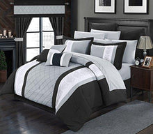 Load image into Gallery viewer, Perfect home 24 Piece Aura Complete Pintuck Embroidery Color Block Bedding, Sheets, Window Panel Collection Queen Bed in a Bag Comforter Set Black, Sheets Included