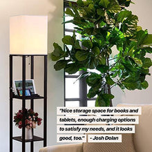 Load image into Gallery viewer, Brightech Maxwell Charger - Shelf Floor Lamp with USB Charging Ports and Electric Outlet - Tall, Narrow Tower Nightstand for Bedroom - Modern, Asian End Table with Light Attached - Black