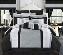 Load image into Gallery viewer, Perfect home 24 Piece Aura Complete Pintuck Embroidery Color Block Bedding, Sheets, Window Panel Collection Queen Bed in a Bag Comforter Set Black, Sheets Included