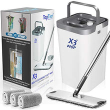 Load image into Gallery viewer, X3 Flat Floor Mop and Bucket Set, Separates Dirty and Clean Water, 3-Chamber Design, Hands Free Home Floor Cleaning, 3 Reusable Microfiber Mop Pads Included